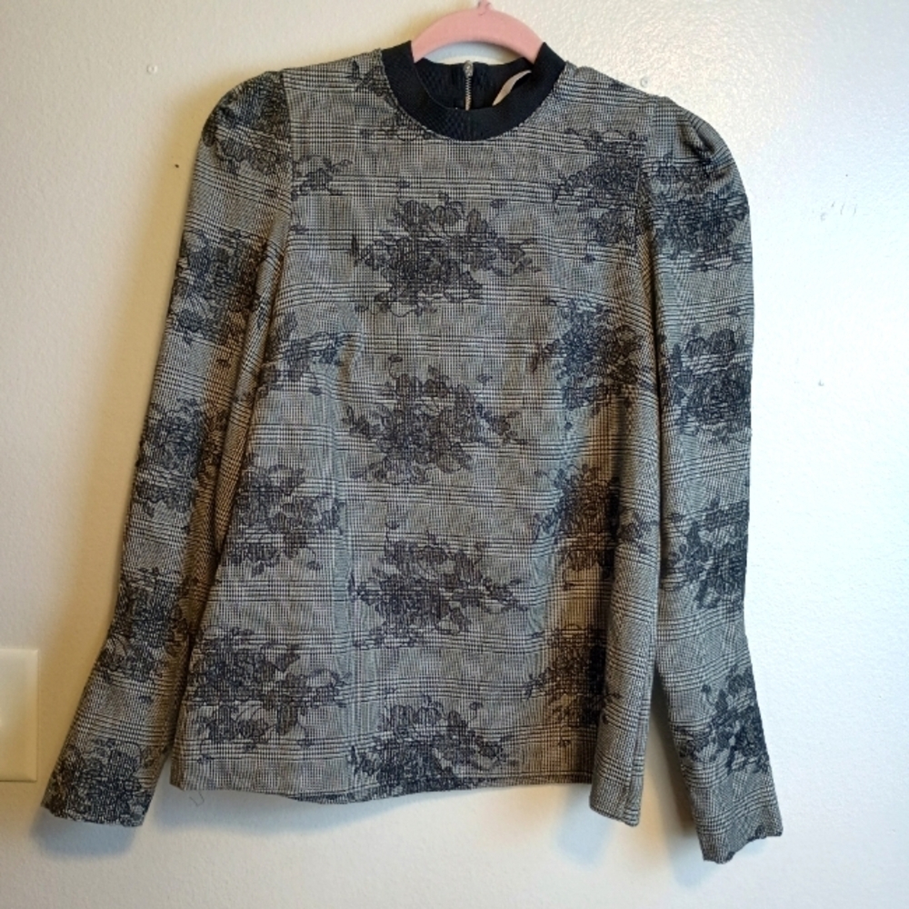 ZARA  Trafaluc Women's Houndstooth Floral Crew Neck Blouse Top Gray Black Small